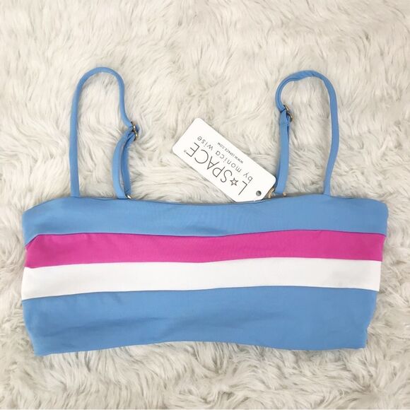 L*SPACE Rebel Blue Pink Striped Bandeau Bikini Top Size XS New‎ - Picture 2 of 6
